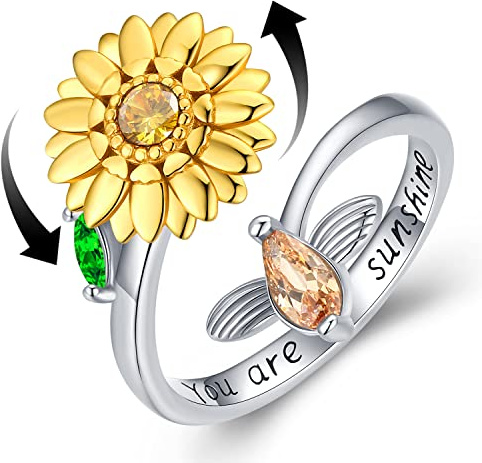 Anelli Donna Argento Sterling 925 Antistress Anello di Girasole Regolabili Girevole Anelli Fidget Anello Antistress Regalo per Donna Mamma ragazza