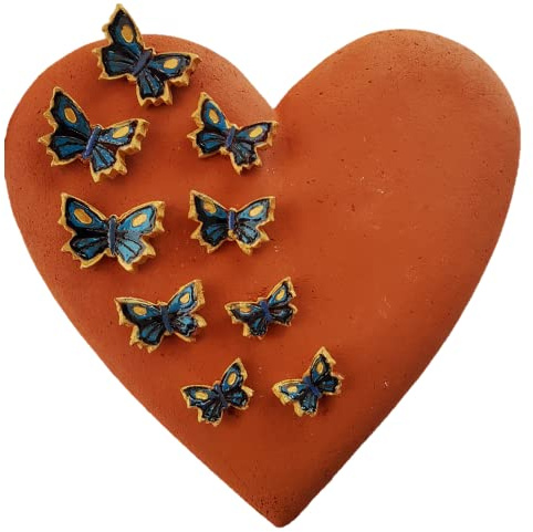 Generisch Keramik rotes Herz mit blau/goldenen Schmetterlingen Handarbeit 20 cm
