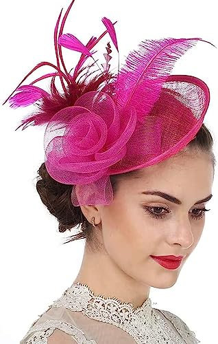 Fascinator Hut Damen Mütze mit Federn Haarschmuck Blumen Haarreif Mesh Kopfschmuck mit Haarclip Haarspange Elegant Schleier Vintage Kopfbedeckung Hochzeit Party Cosplay Cocktail Kirche