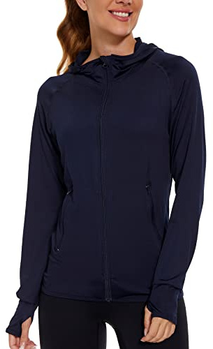AMZSPORT Felpa Donna con Zip, Giacca Running Sportiva con Cappuccio, Blu Navy M