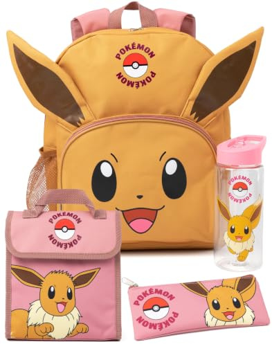 Pokemon Eevee 4-teiliges Rucksack-Set | Animierte Figur 3D-Ohren Rosa Rucksack Lunchtasche Federmäppchen Wasserflasche | Spiel Back to School Bag Geschenke