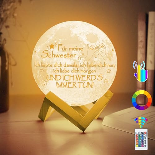 Weihnachten 3D Mondlampe Geschenke Für Schwester - 16 Farben LED Nachtlicht Stimmungslichter Mit Holzständer - Für Freundin, Beste Schwester, Geburtstag, Hochzeit, Party