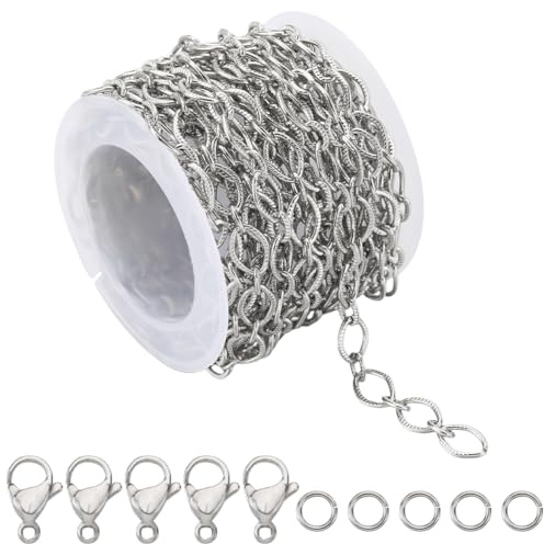 SUNNYCLUE 16.4 Fuß/5 m Edelstahl Schmuckkettenrolle 6x9 mm Geprägte Kreisgliederkettenspule Rolo Kettenglieder 50 offene Biegeringe 20 Karabinerverschlüsse Für Die Schmuckherstellung DIY Zubehör