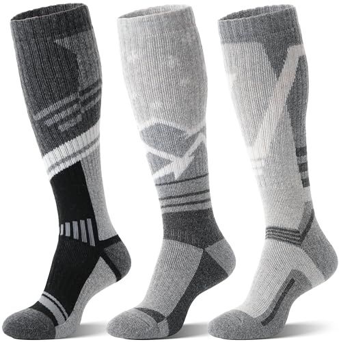 Sandsuced Calcetines de Esquí de Lana Merino para Hombres y Mujeres Termales Calientes Gruesos Altos a la Rodilla Para Esquí y Snowboard en Clima Frío 3 Pares Regalo(Gris Negro, M)