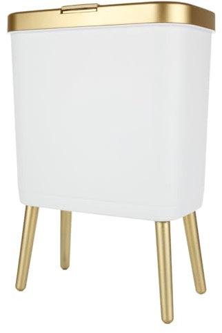 MUXHEL Plastic Bathroom Bin with Lid 15L Bedroom Bin with Lid Trash Can Kitchen with Legs for Bedroom Bathroom Living Room Office - White Gold