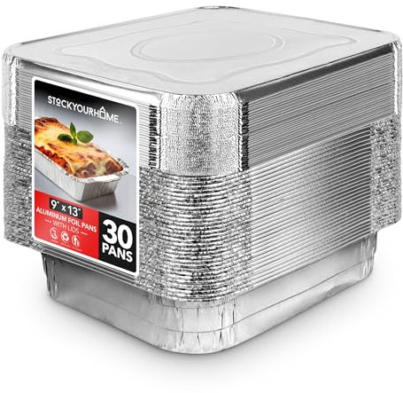 Einweg-Pfannen aus Aluminium mit Deckel, 9 x 13 Stück, 30 Stück, robuste Folienpfannen mit Deckel, 22,9 x 33,2 cm, Lebensmittel-Catering-Behälter zum Backen, Kochen, Heizen, Aufbewahren,