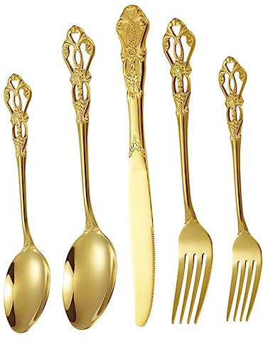 PRETYZOOM Vintage Westliches Besteckset 5 Stück aus Goldfarbenem Edelstahl mit Messer Gabel Löffel Leicht zu Reinigen und Rutschfest für Geburtstagsfeiern