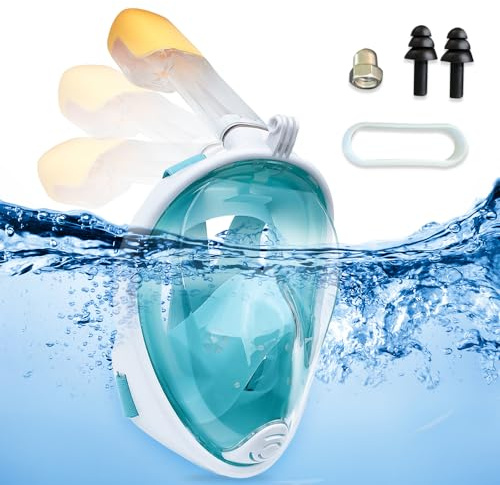 mizikuu Kids Snorkel Mask Full Face, 180 - Degree Panoramic View Free Breathing Design Snorkeling Set Full Face Snorkel Mask Anti - Fog Anti - Leak Safe Breathing Snorkeling Set to Youths (Green)