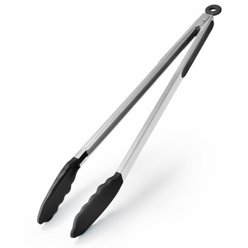 U-Taste Silicone Kitchen Tong, 250℃ Heat Resistant, 40cm, Black | Non Stick Rubber Tipped, 18/8 Stainless Steel Handle, Smooth Locking, Heavy Duty for Cooking Serving Buffet Salad Barbecue