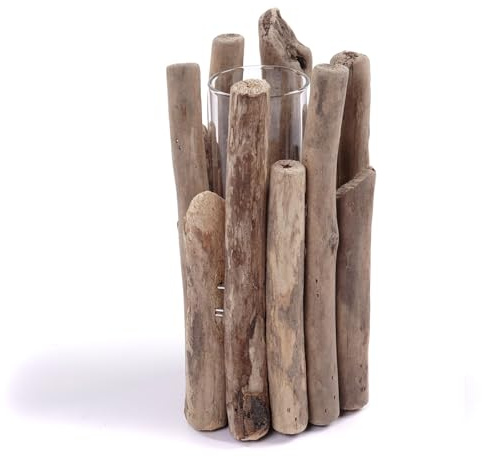 DESIGN DELIGHTS DEKO VASE Mira | Treibholz, Glas | Treib Holz Vase, Tisch Vase Natur, Blumenvase, Kunstgras Vase, Übertopf, Kerzenhalter, Kerzenleuchter