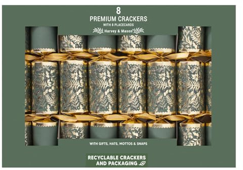 Harvey & Mason 8 Green Forest Christmas Crackers Premium Green And Gold Woodland Print Party Table Decoration