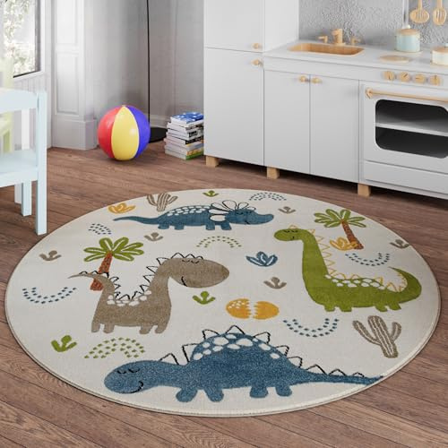 Smart Kids Dino & Friends Kinderteppich, 120 cm rund, Creme weiß | gewebter Kinderteppich, Spannende Abenteuer mit niedlichen Dinosaurier-Motiven