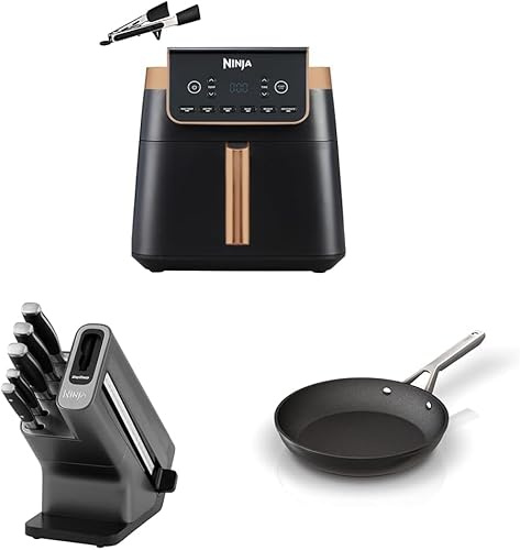 Ninja Essentials Cooking Starter Pack: Includes 6.2L Black/Copper Air Fryer With Silicone Tongs + StaySharp Knife Block with Integrated Sharpener & Ninja ZEROSTICK Essentials Cookware 24cm Frying Pan