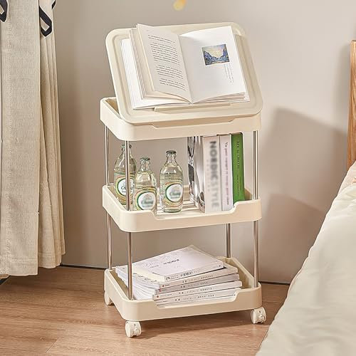 TRUNXUCL Support Tablette sur Pied et Chariot de Rangement 2 en 1, Support pour Téléphone, Tablette, Liseuse, Livre, Angle Réglable(Beige)