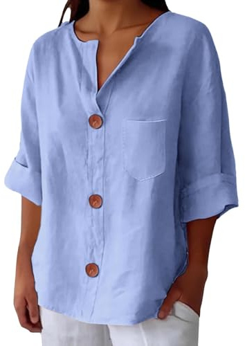 Camisas De Lino para Mujer, Blusas Holgadas Manga 3/4 con Cuello En V, Estilo Playero, Vacaciones, Verano 2026 Camiseta Roja Mujer Larga Camisetas Largas Corta Y Blusa Morada