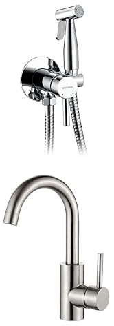Set GRIFEMA: Miscelatore Lavabo 360° Grigio + Doccetta Bidet con Supporto, Flessibile e Miscelatore – Acqua Calda e Fredda, Design Moderno per Bagno e WC