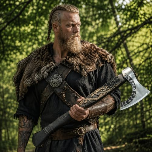 Viking Beard Axe with Handmade ash Wood Handle and Camoing Axe with Runes Engraved