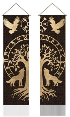 AHANDMAKER 2 x Wikinger Runen Wandteppich Mit Lebensbaum Adler Wolf Vertikaler Wandbehang Wandteppich Dekoration Mit Quasten Für Schlafzimmer Und Wohnzimmer (45.7x13(5) cm)