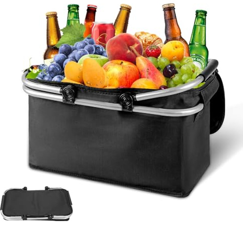 WDKXCN Cestino Picnic Pieghevole, 30L Cestino Termico con Coperchio, Cestino con Telaio Pieghevole in Lega di Alluminio e Maniglia, Cestino da Picnic con Cerniera