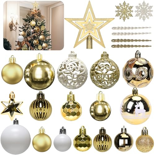 Gold Weihnachtskugeln 101er Set, Weihnachtsdeko, Kunststoff Christbaumkugeln, Weihnachtsbaumkugeln, Baumspitze Stern, Matt, Glänzend, Mehrweg Baumkugeln Weihnachten, 3, 4 & 6 cm