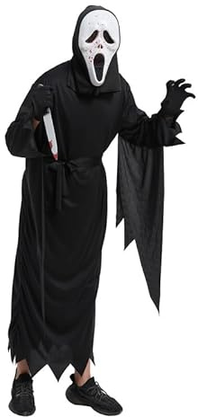 Udekit Effrayant Fantôme Visage Halloween Scream Cosplay Costume avec Jouet Couteau et Masque et Gants pour Halloween Carnaval Adulte et Enfant