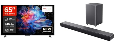 Bundle of TCL 65V6C Smart TV HDR 4K, con tecnologia Google TV (Dolby Audio, Motion Clarity) + TCL Soundbar S55H a 2.1 canali Dolby Atmos, potenza massima di 220 W con sistema Dual Bass, con subwoofer