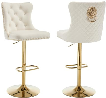 Relbiety Barhocker 2er Set Höhenverstellbar Bistrohocker mit Rückenlehne,Barstühle 360° Drehbar Tresenhocker aus Samt für Küche,Theke,Bar,Cremeweiß+Gold
