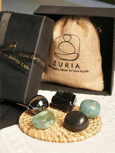 Zuria 5 Pierres Chakras pour Protection Maison & CEM - Tourmaline Noire, Hématite, Shungite, Amazonite, Fluorite Pierres Lithotherapie Cadeau Spirituel Méditation Abondance Bureau Décoration Feng Shui