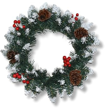 Christmas Wreath 40cm with Red Berries, Real Pine Cones & Snow-Tipped Artifical Greenery, Christmas Front Door Wreath, Traditional Indoor/Outdoor Christmas Door Wreath