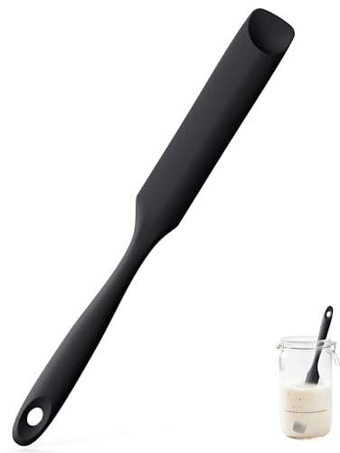 U-Taste Silicone Jar Spatula, Spoon Tip, 315℃ Heat Resistant, Black | Flexible Rubber Thin Sourdough Scraper with Long and Slim Handle for Scraping Sauces Batters, Stirring Starters, Containers