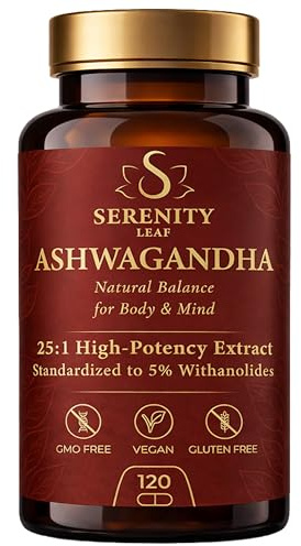 Ashwagandha 25:1 Hög Styrka - Standardiserad till 5% Withanolider - Serenity Leaf - Adaptogen för Stress, Lugn, Avslappning och Välbefinnande - 120 Veganska Kapslar