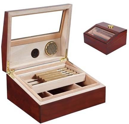 Cigarrfodral, Cigarrförvaringslåda, Resehumidor, 1 st. skåp med inbyggd luftfuktare, hygrometer, fönsterdesign, avtagbart fack