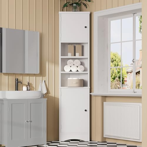 Hörnskåp, badrumsskåp, vitmålat, 170 cm, badrumsmöbler, högskåp, MDF med 2 dörrar och öppna fack, platsbesparande hörnhylla, nischskåp för badrum och vardagsrum