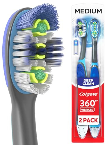 Colgate 360 Vibrate Deep Clean Battery Powered Electric Toothbrush with Medium Bristles, 2 Pack, Sonic Powered