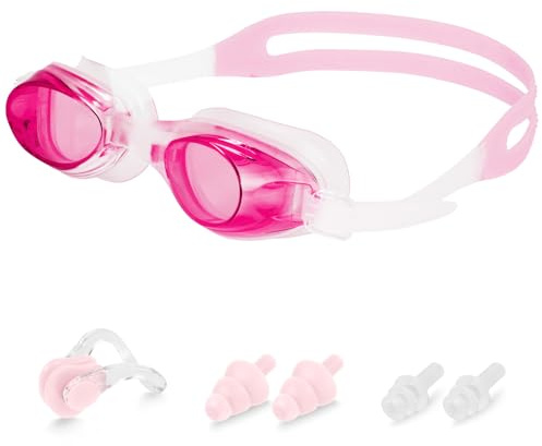 DiULi Gafas de Natación Unisex Niños,Gafas de Natación para Piscinas Cubiertas,Fácil de Ajustar y Cómodo de Llevar,Antivaho Transparente,Incluye Caja de Almacenamiento,Tapones Los Oídos y Pinza Nasal