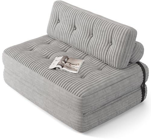 Xbro Sofá Cama Plegable 2 Plazas, Sofá Convertible en Cama Sin Montaje, para Huéspedes y Espacios Pequeños, Tela de Pana con Relleno de Espuma, 180×130 cm (Gris Claro)