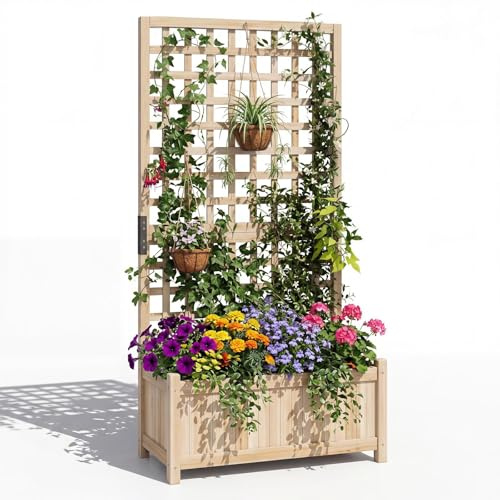 COSTWAY Jardinera Elevada con Enrejado, Macetero con Soporte para Trepadoras, Marco de de Madera de Abeto, Agujeros de Drenaje, Huerto Urbano Exterior Grande para Terraza Balcón Patio (Natural)