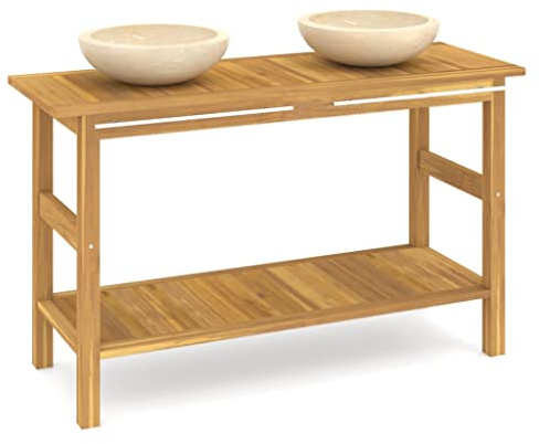 QJBSAVVA Tocador doble con 2 lavabos de mármol crema, armario de baño de madera de teca maciza, juego de muebles de baño rústico con barra de toallas, elegante y resistente, 132 x 45 x 75 cm