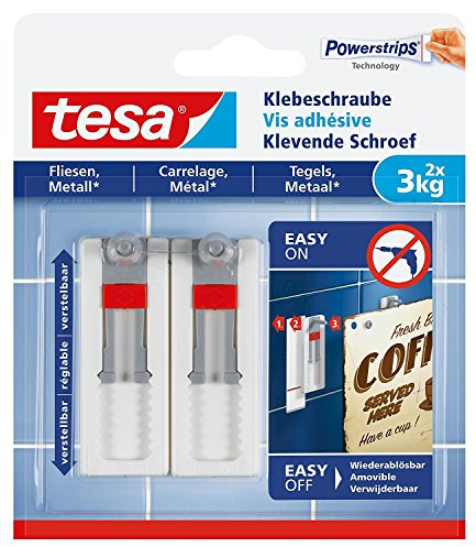 tesa® Verstellbare Klebeschraube für Fliesen und Metall, spurlos wiederablösbar, Haltekraft bis zu 3kg | 6er Set: enthält 12 Schrauben