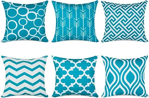 TIDWIACE Set of 6 Teal Cushion Cover 45x45cm Outdoor Furniture Decorative Linen - Throw Pillow case for Home Office Sofa Bedroom Car Garden, Double-sided printing Invisible Zipper 18x18 Inch