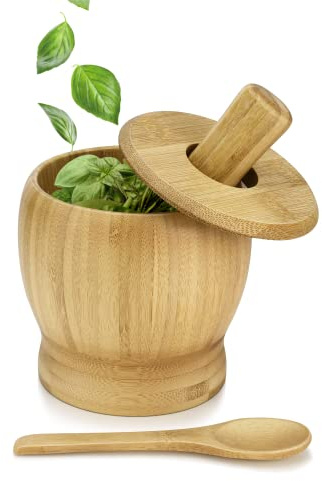 Ensemble Mortier et Pilon en Bois Flexzion de 5 pouces, Bol et Ensemble de Broyeur en Bambou, Molette et Bol Molcajete en Bois avec Couvercle et Cuill�re pour Guacamole, Herbes, �pices, Ail,
