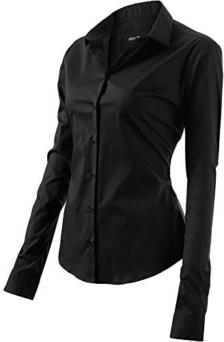 Mujer Camisa Básica de Algodón - Camisa Blusa Casual de Algodón de Manga Larga Informal con Cierre de Botón Delgado Formal, Ideal para Oficina/Trabajo/Entrevista (EU34, Negro)