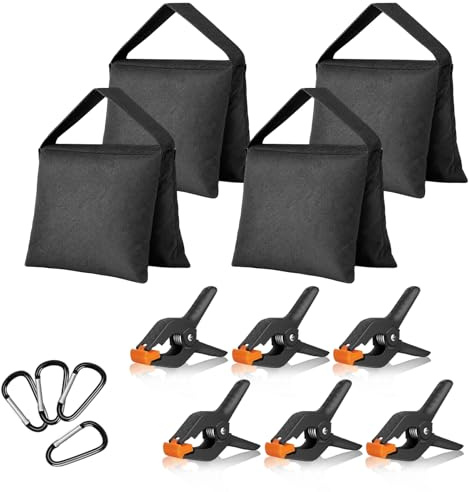 EMART 4 Packs Sand Bags Heavy Duty Sandbags Photography Accessories with 6 Spring Clamps for Backdrop Stand, Light Stand, Photo Tripod, Canopy Weights, Party Pop Up Tent, Fishing Chair, Camping-Black