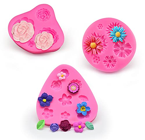 JINYJIA 3D Blumen Silikonform, Silikon Blumen Fondant Formen, Mini Blumen Silikon Formen, Backen Schokoladenformen, für Dekorieren Eines Kuchens, (3 Stück)