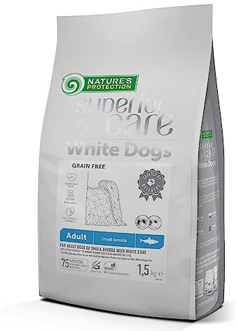 Nature's Protection Superior Care Hundefutter Trocken Getreidefrei für kleine weiße erwachsene Hunde - Hypoallergenes Hundefutter mit Hering - Haut, Fell & Tränenflecken, 1.5 kg