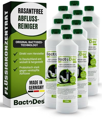BactoDes RasantFree Abflussreiniger 12 x 1L I Flüssigkonzentrat mit Mikroorganismen gegen Verstopfungen I Entfernt nachhaltig Gerüche & Essensreste mit Zitronenduft I Ideal für Küche, Bad & Gewerbe