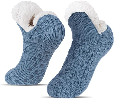 BLURBE Hausschuhsocken für Damen – Flauschige Wintersocken mit Strickfleecefutter, rutschfeste, warme und gemütliche Haussocken