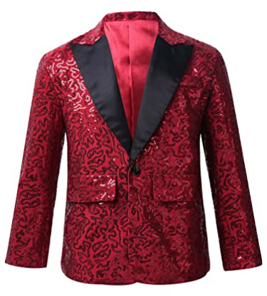 TiaoBug Enfant Garçon Paillette Veste de Costume d'honneur Mariage Cérémonie Soirée Manteau Blouse Gentleman Smoking Blazer Brillant Chemise Fête Carnaval 5-16 Ans Bordeaux 13-14 Ans