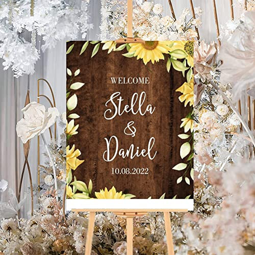 Hochzeit Willkommensschild Sonnenblume Braun Holz Anpassbares Holz Hochzeit Schild Luxus Rustikal Holz Hochzeit Zeremonie Grußschild für Jahrestag Feier Verlobung Hochzeit Party Supplies Dekorationen