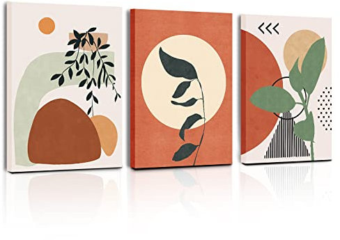 hyidecorart Tableau Boho Chic, Tableau Decoration Murale Salon Feuilles Abstraites Orange Et Soleil, Nordique Minimaliste Moderne Decoration Murale Chambre Salle De Bain Cuisine Bureau
